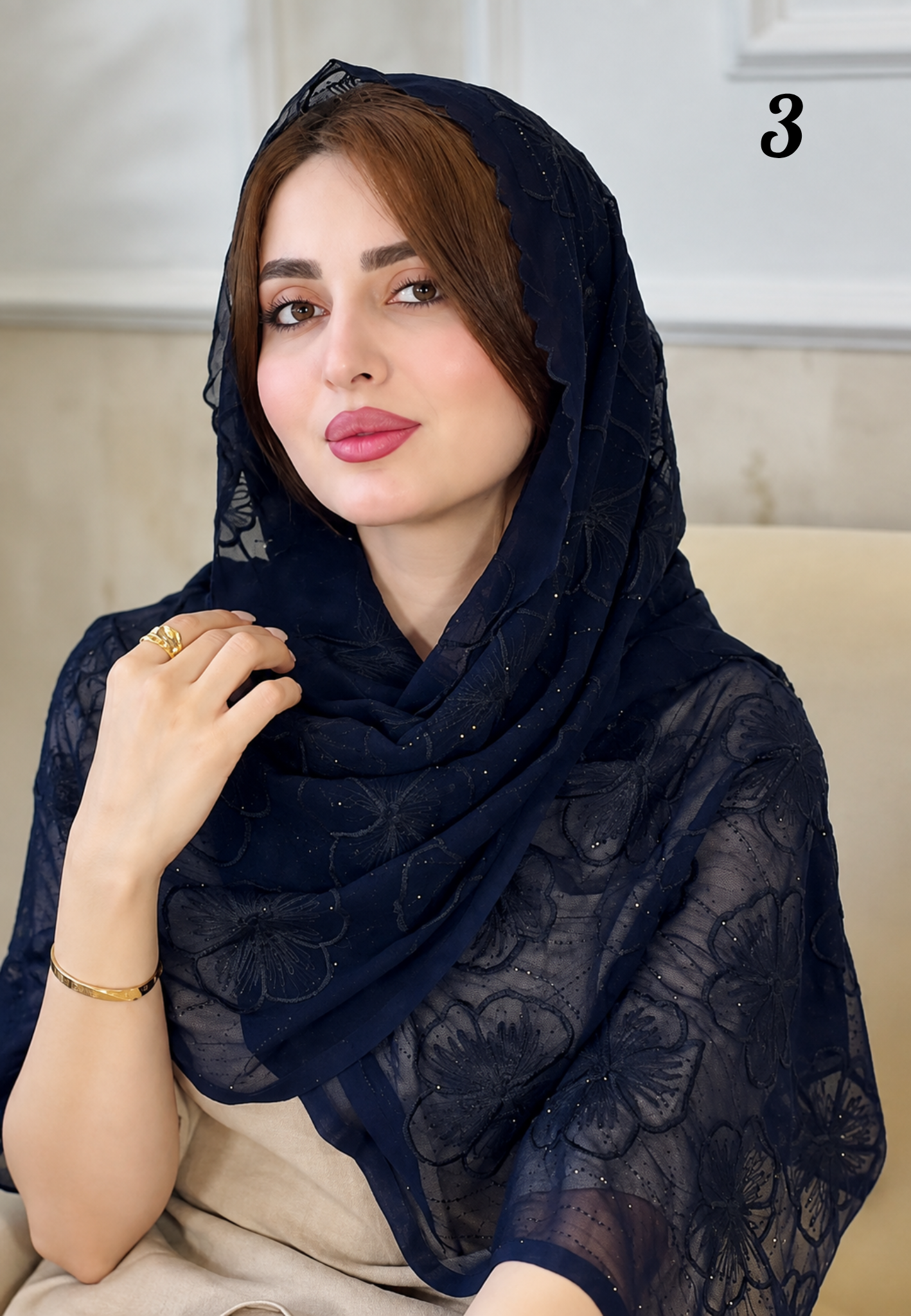 شال شیفون خامه دوزی سنگکاری ترک (4710)
